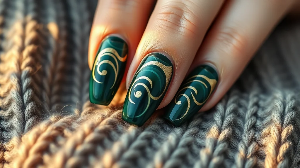 Close-up of elegant almond-shaped nails with autumn-inspired forest green and gold art.