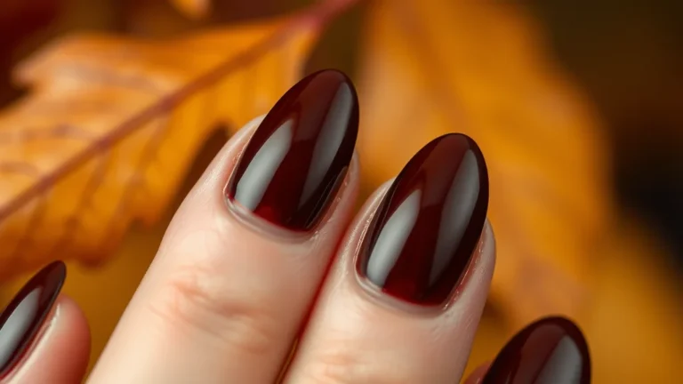 Fall French Tip 13 Close up of elegant almond shaped nails featuring chocolate brown French tips for a fall aesthetic.