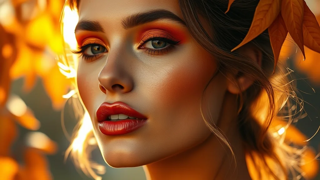 Close up portrait of a woman wearing warm autumn-toned Pumpkin Spice Latte inspired makeup.