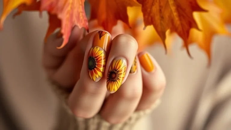Close up of professional fall sunflower nail art on almond nails