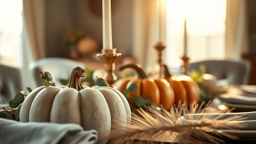 Luxurious fall table centerpiece with velvet pumpkins and brass accents.