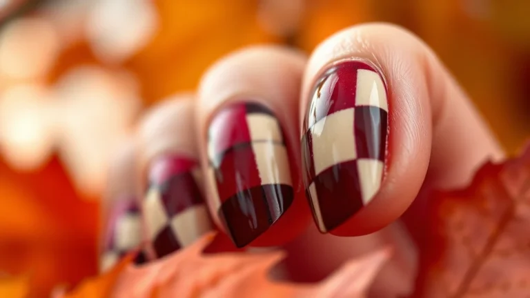 Fall Checkered Nails 17 Close-up of elegant burgundy and cream checkered nail art for fall