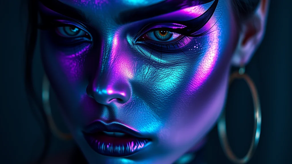 Model showcasing futuristic 2026 Halloween makeup with chrome and iridescent accents.