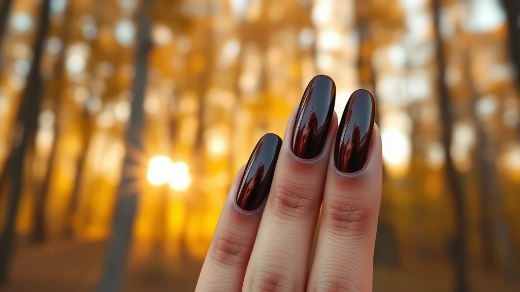 Home 36 Close-up of trendy espresso brown chrome fall nails for September