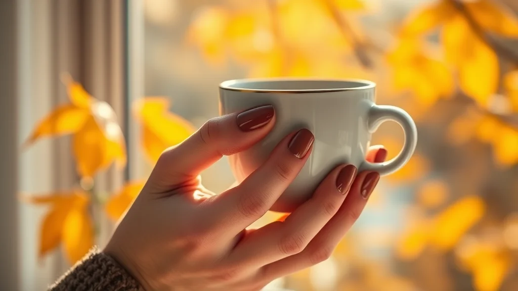 Home 35 Close up of elegant hands with mocha brown glossy nails, representing early autumn nail trends.