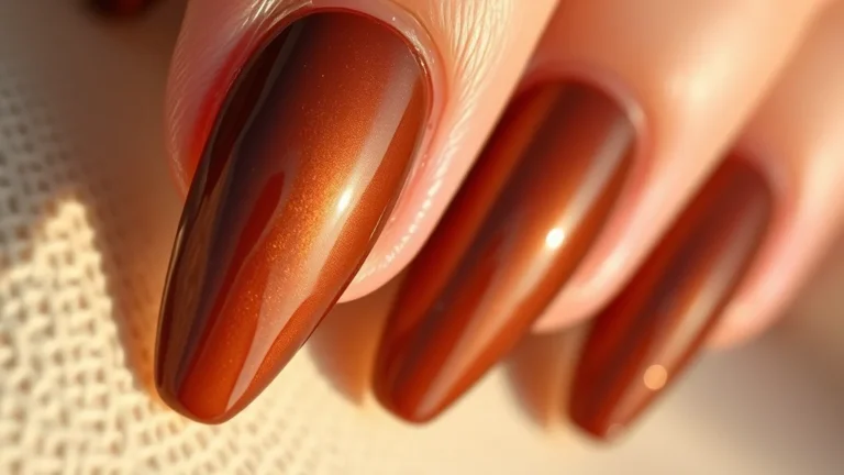 Fall Nails Brown Chrome 12 Close-up of elegant long almond-shaped nails with a high-shine brown metallic chrome finish for fall.