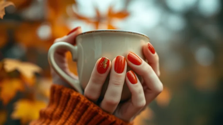 Pumpkin Spice Nail Designs 15 Close up of elegant pumpkin spice nail art with gold accents holding a fall mug.