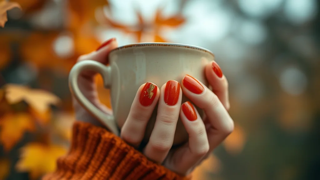 Close up of elegant pumpkin spice nail art with gold accents holding a fall mug.