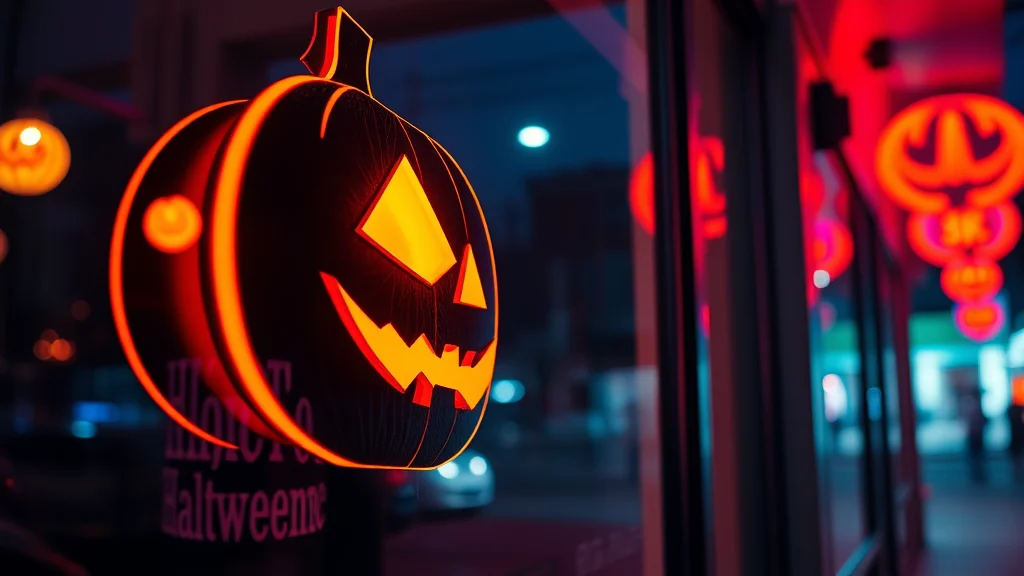 A stunning, professional-quality Halloween window painting on a storefront at night.