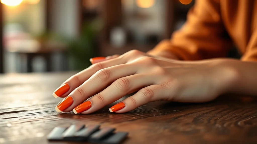 Close-up of elegant autumn-themed manicured nails in rich espresso and orange tones.