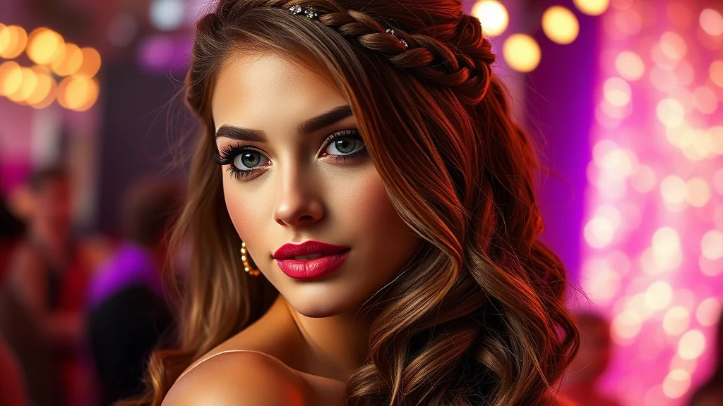 Beautiful young woman with a glamorous half up half down homecoming hairstyle featuring braids and curls, shimmering in dance floor lights.
