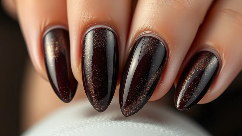Fall 2026 velvet-espresso almond nails with subtle shimmering accents.