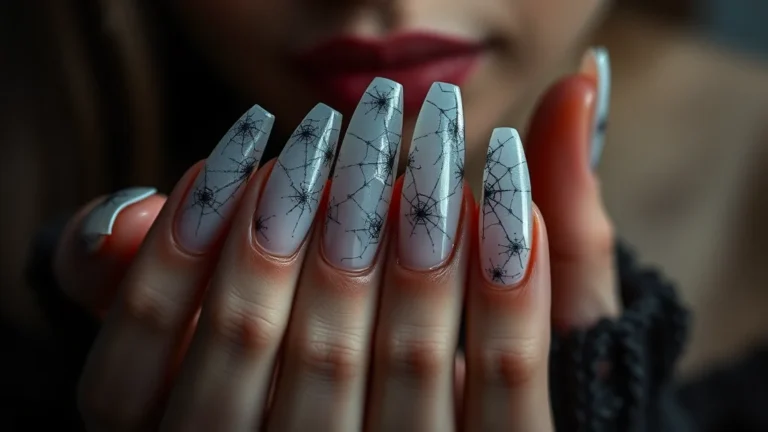 Trendy Halloween Nails 13 Close-up of trendy Halloween nail art featuring 3D chrome designs and velvet polish.
