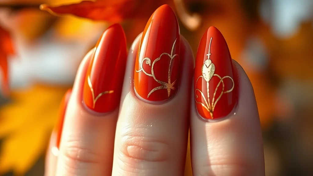 Close-up of elegant autumn-inspired pumpkin nail art on almond-shaped nails.
