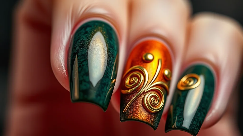 Close-up of trendy fall funky nails with varied textures and vibrant colors