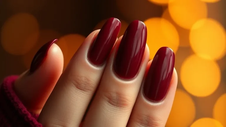 Close up of elegant almond shaped nails in deep glossy burgundy for fall