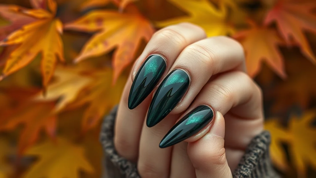 Close up of forest green fall cat eye magnetic nails with gold shimmer.