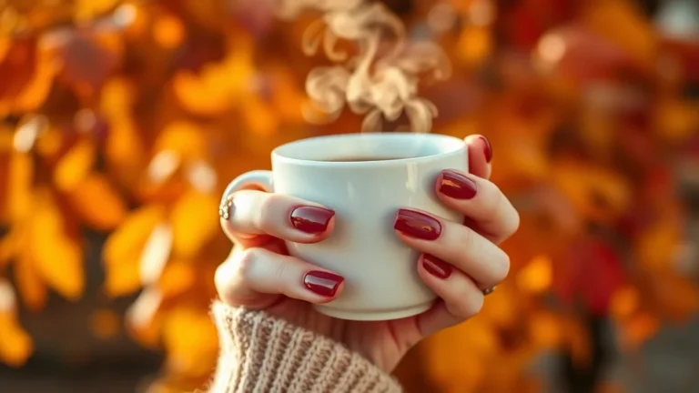 Close up of elegant fall pink nails with a cozy autumn aesthetic