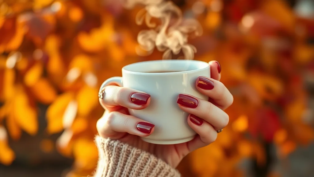 Fall Pink Nails 1 Close up of elegant fall pink nails with a cozy autumn aesthetic
