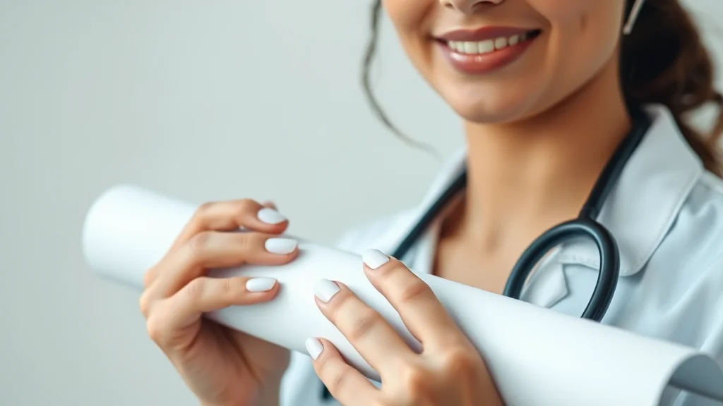 A pair of perfectly manicured white nails held by a nursing student, representing graduation.