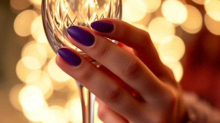 Close up of elegant royal purple manicure during a winter event