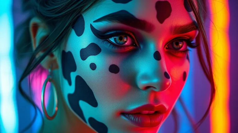Close-up of a trendy cow makeup look for festivals on a model's face