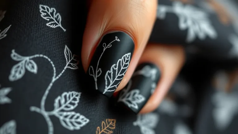 Close up of matte black chalkboard nails with white art