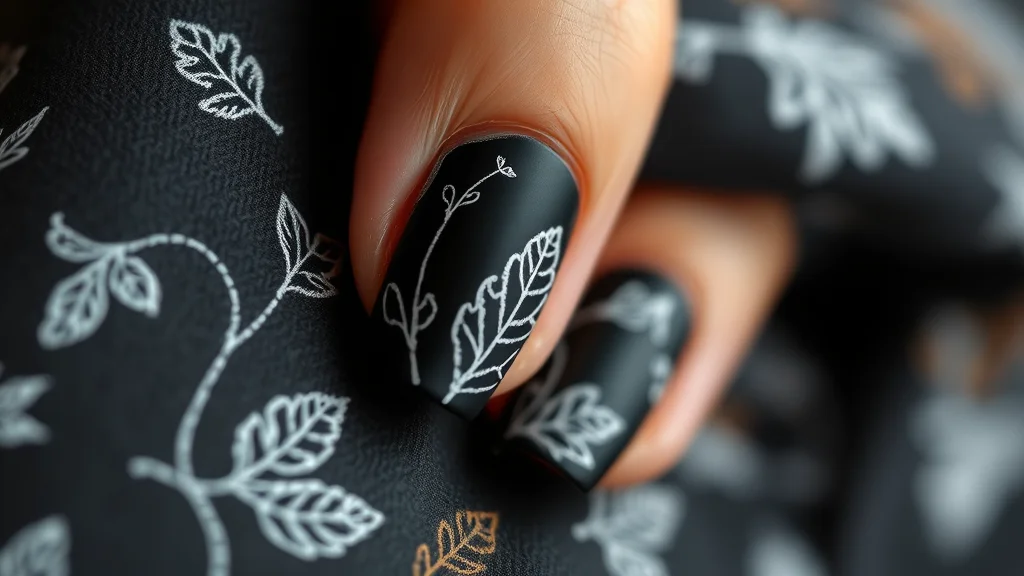 Close up of matte black chalkboard nails with white art