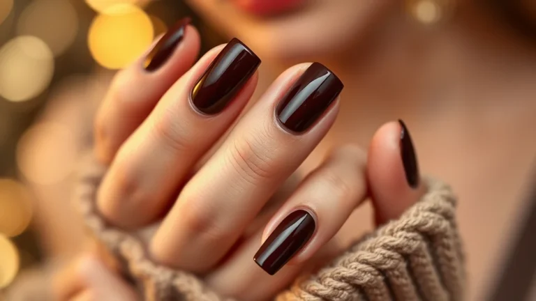 Close up of crisp, square-shaped nails painted in a deep autumn espresso brown polish.