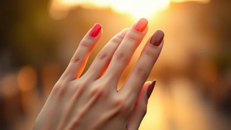 A sophisticated transition manicure showing vibrant summer coral fading into elegant autumnal espresso.