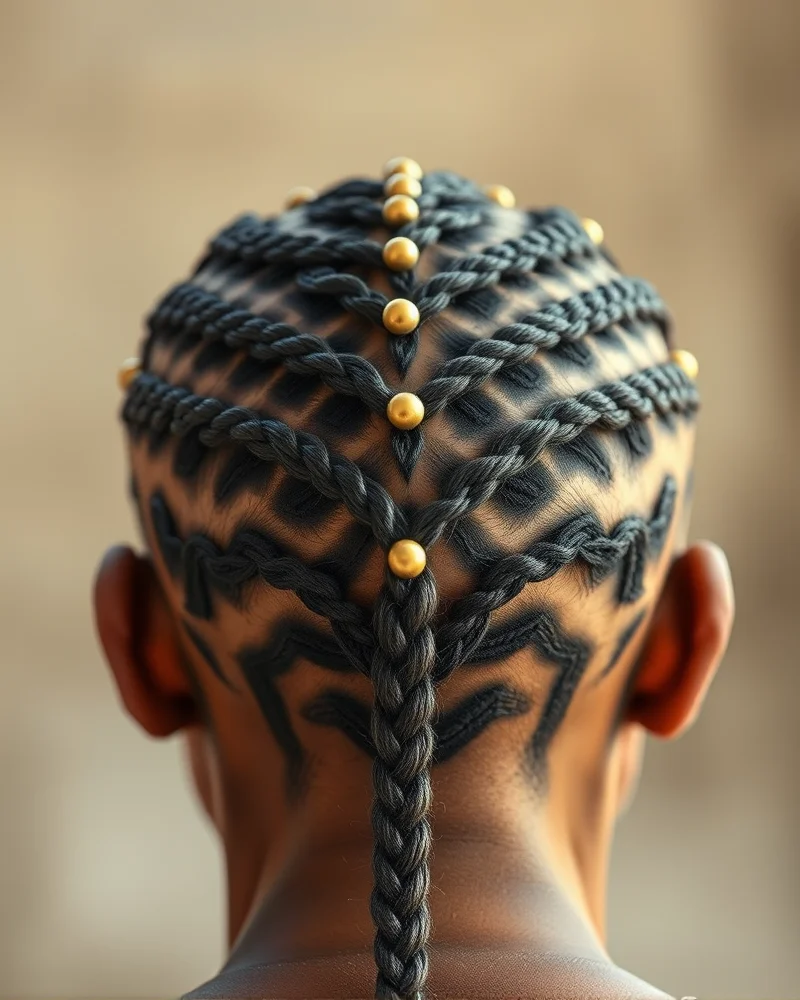 braided hairstyles for black women cornrows 2 Close up of tribal cornrows with diamond-shaped parting patterns and gold hair jewelry, showcasing precise scalp geometry and healthy edges.