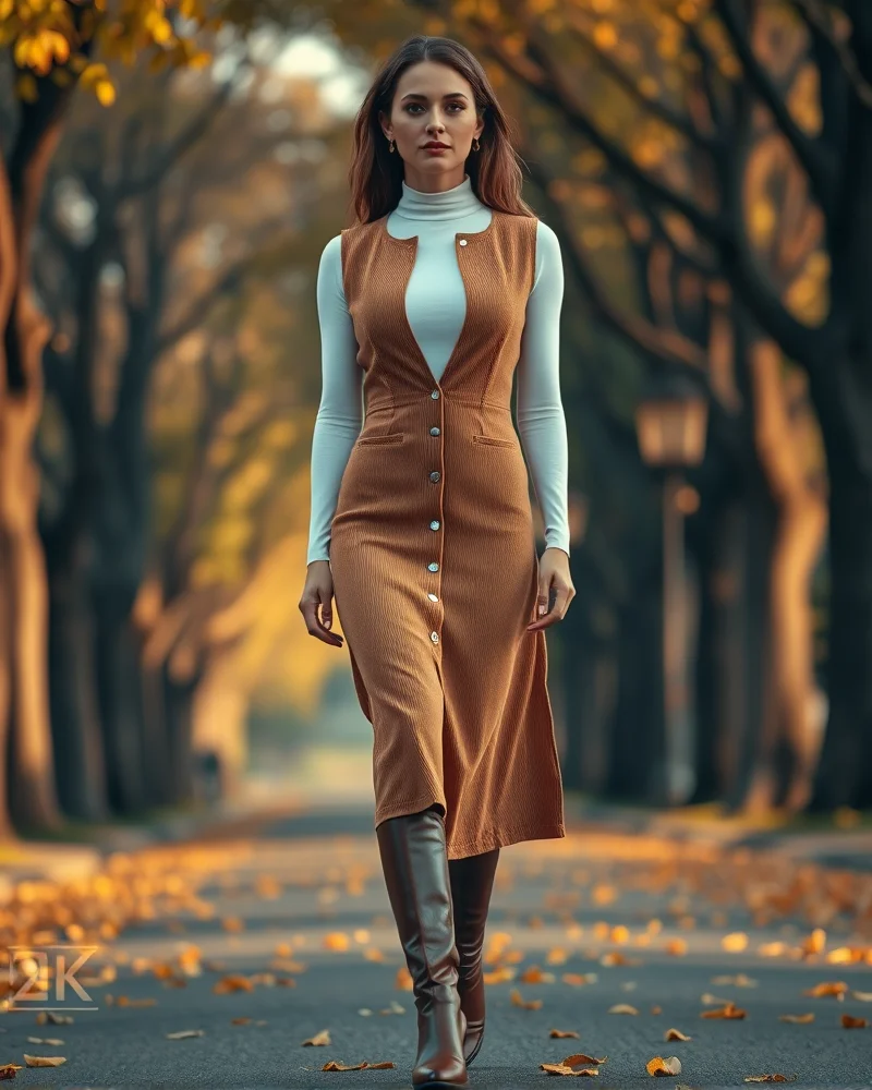 Model wearing a structured camel corduroy midi dress layered over a white knit top with leather knee-high boots in an autumn setting.