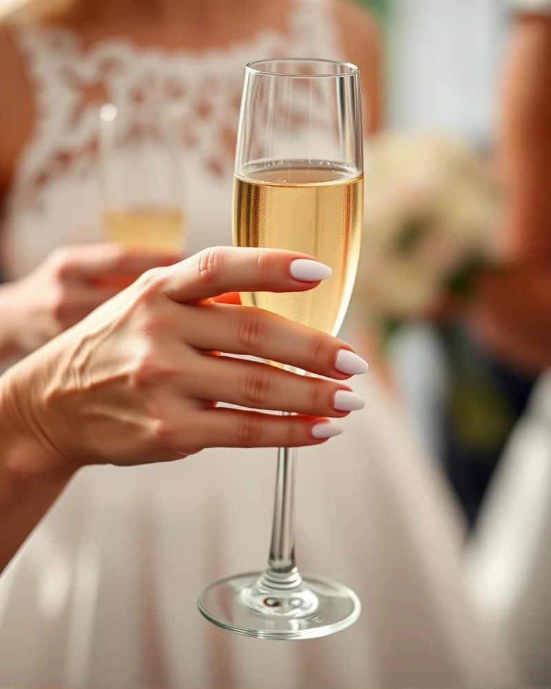 Classic French tip manicure on a wedding guest holding a glass of champagne.