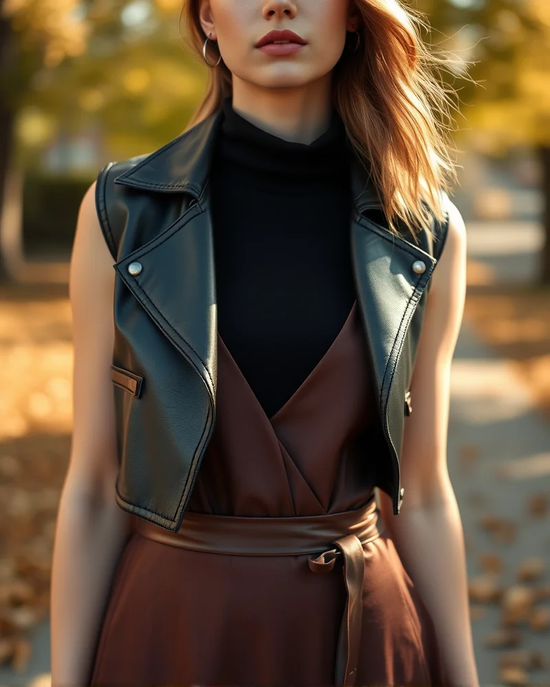 Stylized layering technique for a fall dress outfit showing a fine gauge turtleneck under a dress with a leather jacket.