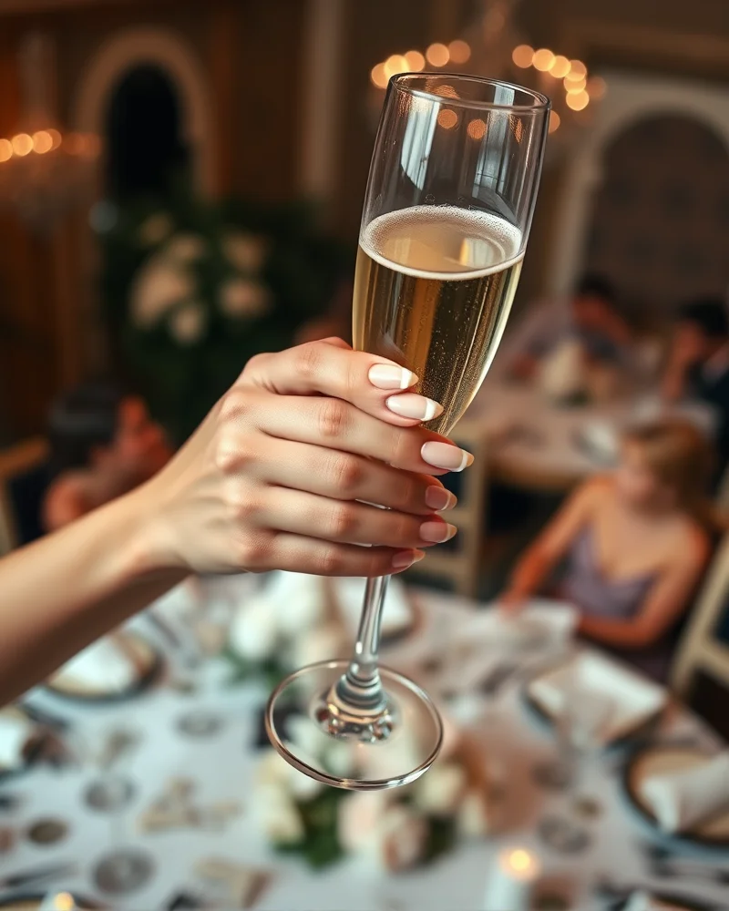 Close-up of manicured almond-shaped nails with classic white French tips holding a champagne glass at a formal event.