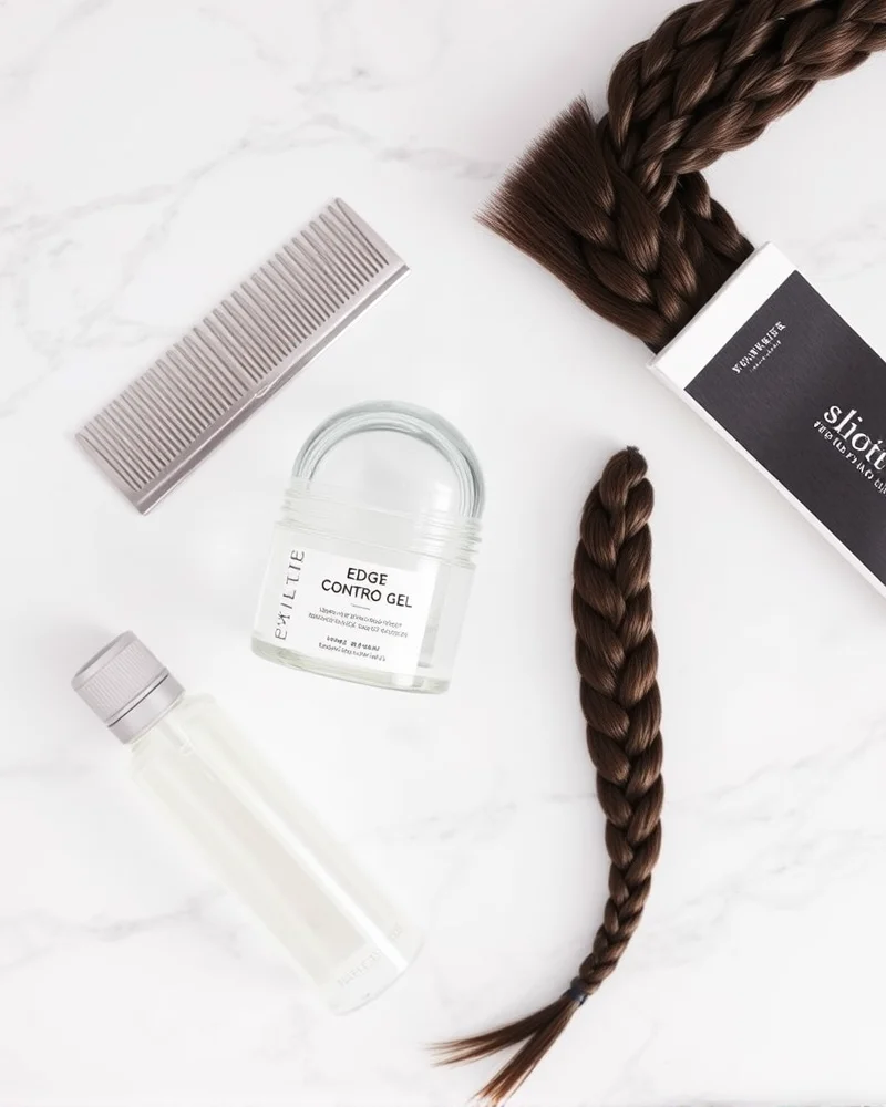 braided hairstyles for black women cornrows 3 Professional braiding kit featuring a metal rat-tail comb, edge control gel, and synthetic braiding hair on a marble background.