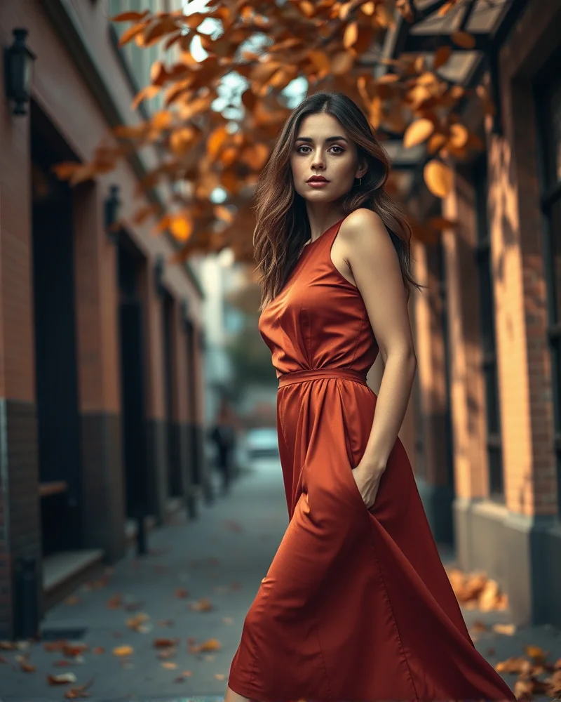 Model wearing a burnt rust midi dress standing near autumn trees, highlighting rich seasonal color theory and texture.