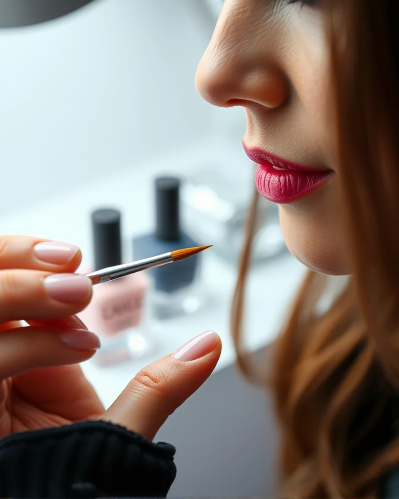 Close up of a professional nail technician applying a thin white line on a natural almond shaped nail with a precision striping brush.