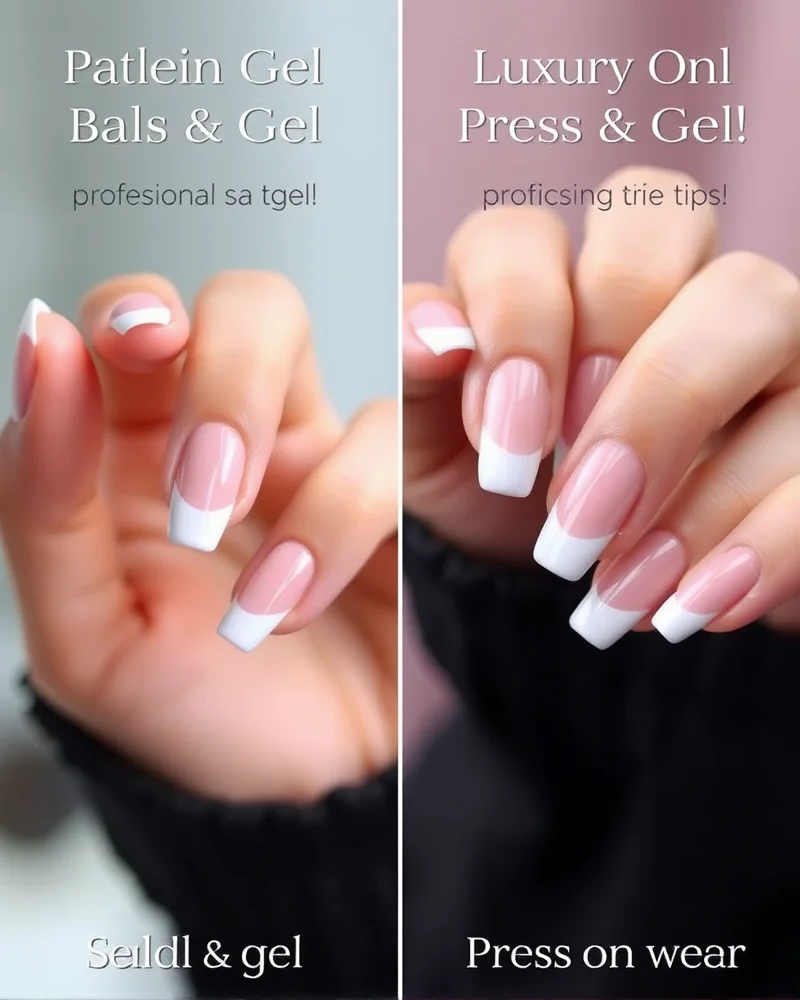 Comparison of professional gel French tip nails versus luxury press-on nails for wedding guests.