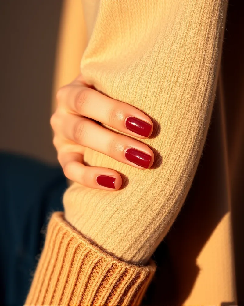 Close-up of a high-gloss bordeaux manicure holding a beige cashmere sweater sleeve, showcasing elegant nail care and seasonal color coordination.