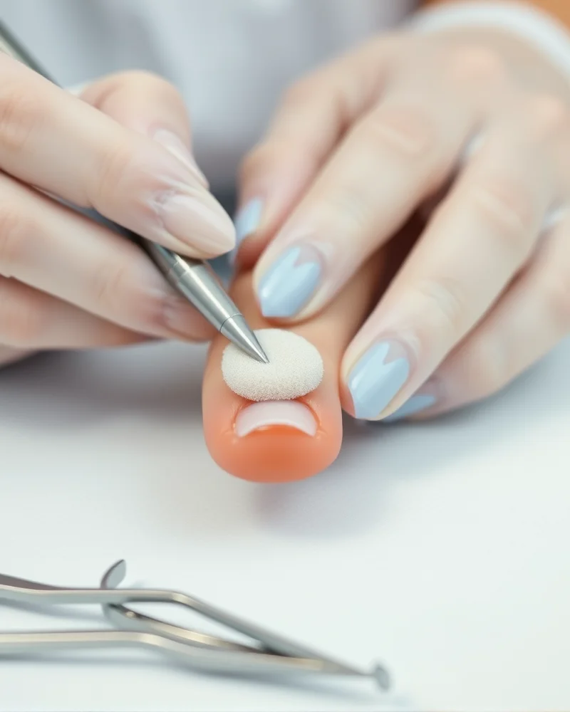 Professional nail technician performing cuticle prep and buffing a natural nail plate with a fine grit buffer for optimal manicure adhesion.