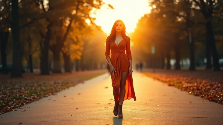 A stylish woman wearing a fall dress outfit in a vibrant autumn park setting.